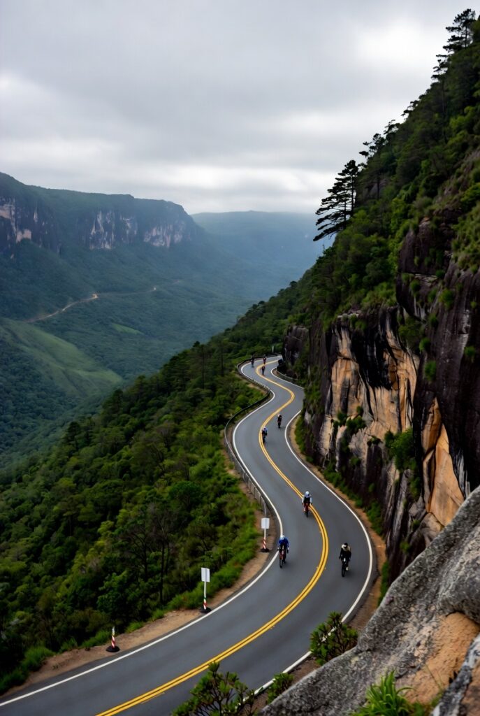 imagem demonstrando uma serra e ciclistas andando de bicicleta